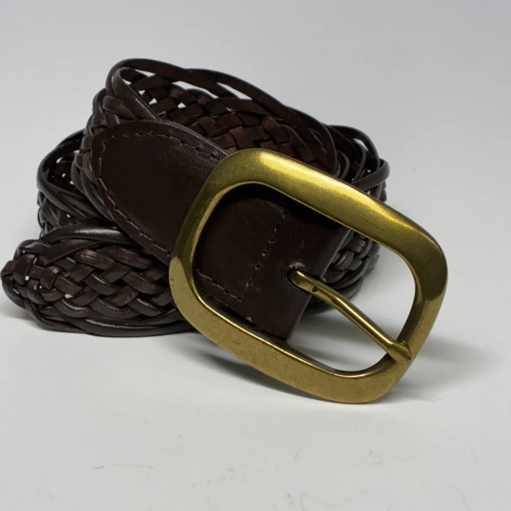 New York & Co. Braided Belt Womens M/L Brown Bonded Leather Woven Gold Buckle